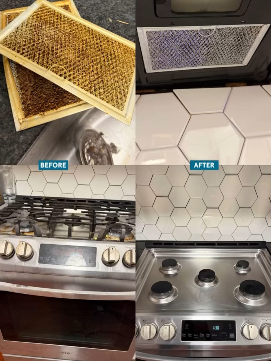 The details we clean: range hood filters and stove, before and after